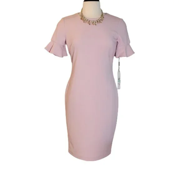 Calvin Klein Jewel Neck Flutter Sleeves Fitted Shift Dress Size 8 Dusty Pink NWT - Picture 3 of 13
